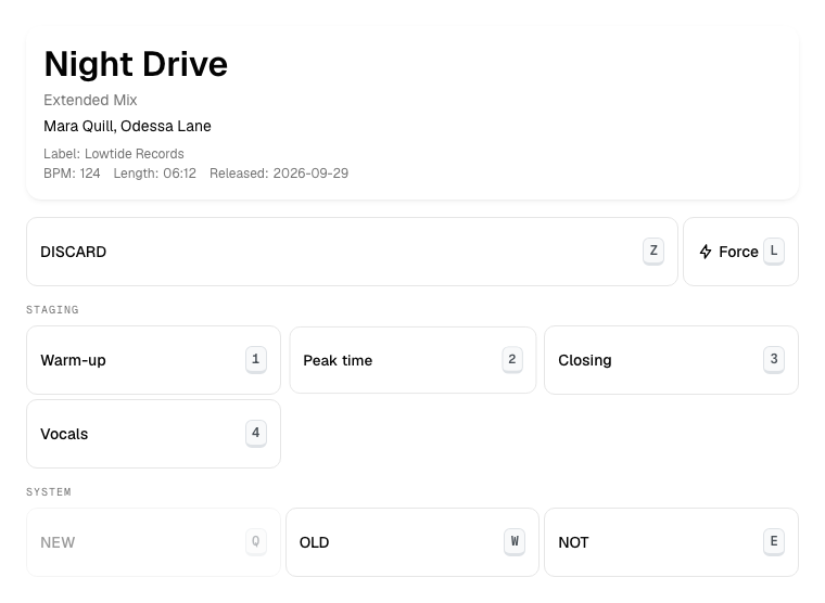 Curating a track: its details and the destination buckets, one keystroke each